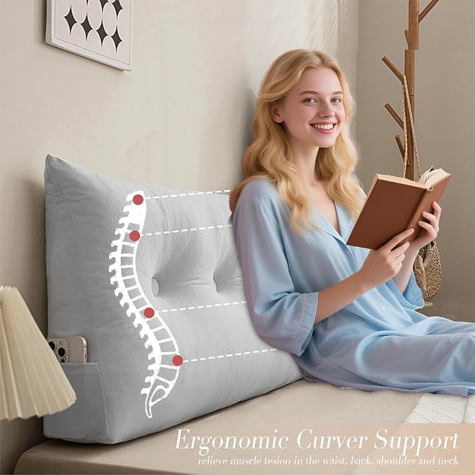 Wedge Headboard Pillow Twin XL, College Dorm Essentials Bed Reading | 39.4*15.7*5 in, back & lumbar support, sleeping pillow, mattress gap filler,plush velvet cover, pp cotton inner, side pockets