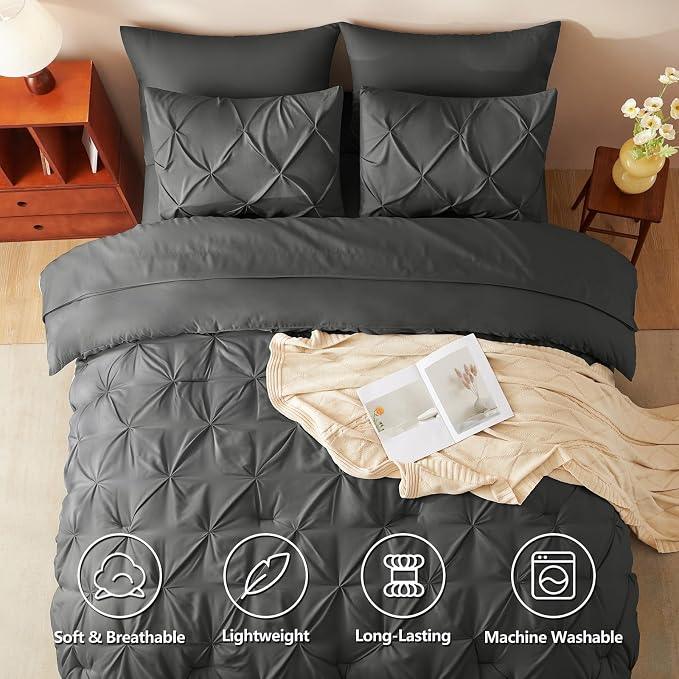 Twin XL Comforter Set Dark Grey, 5 Pieces Pintuck Bed in a Bag | College Dorm Essentials, OEKO-TEX 100 Certified, 240GSM All Season, Down-Alternative Comforter, Sheets, Pillowcase & Sham
