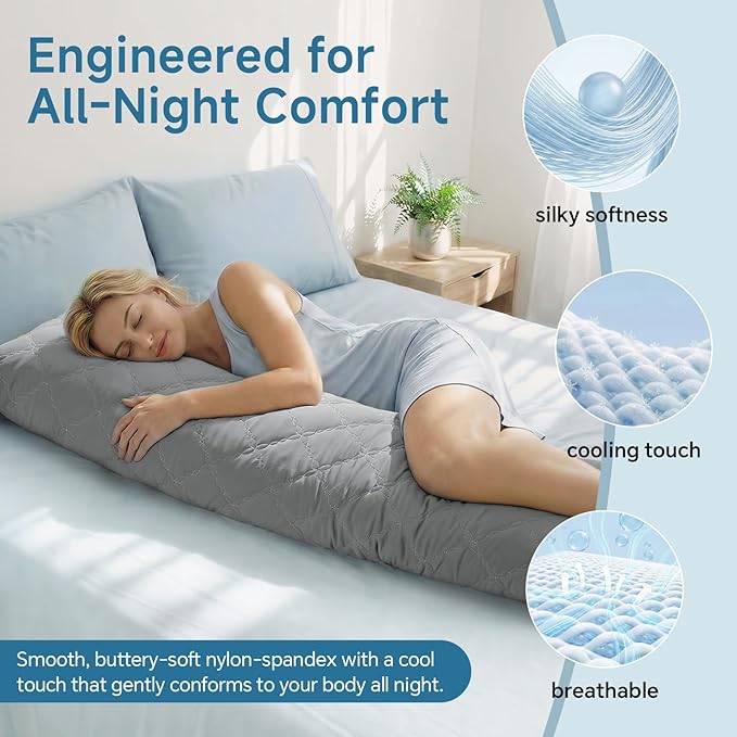 BEDELITE Cooling Body Pillow, Memory Foam Filled, Light Grey, 20x54 Inches | Soft & Cool-Touch Quilted Nylon-Spandex Cover, Adjustable Fill, Perfect for Side Sleepers, Hot Sleepers, Pregnancy, Back Pain