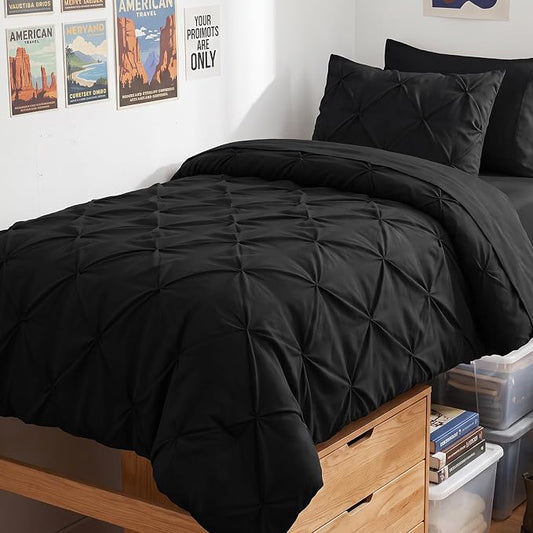 HIMEET Twin XL Comforter Set Black - 5 Pieces Pintuck Bed in a Bag | OEKO-TEX Certified, 240GSM Down Alternative Comforter, 14" Deep Pocket Fitted Sheet + Flat Sheet + 1 Pillowcase + 1 Sham