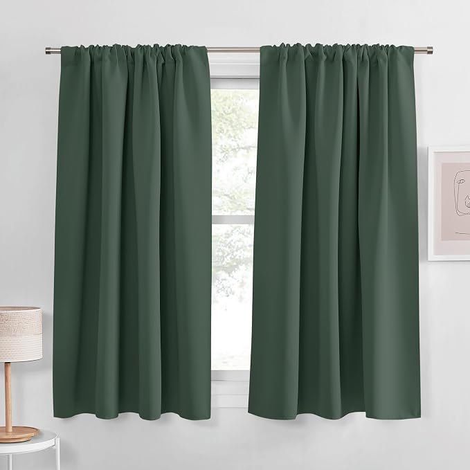 PONY DANCE Dark Green Kitchen Over Sink 45 inch Long, Short Blackout Window Curtains for Bathroom Basement, Thermal Insulated Black Out Drapes for Cafe Bedroom, W 42 x L 45 inch, 2 Panels