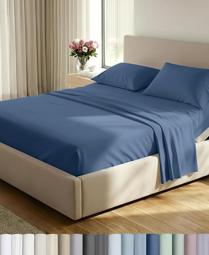 California Design Den Softest 100% Cotton Sateen 5 Pc Split King Sheets Set | 500 Thread Count with Good Housekeeping Seal, Split King Sheets Sets for Adj. Bed with 2 Sep. Twin-XL Mattresses - Denim Blue
