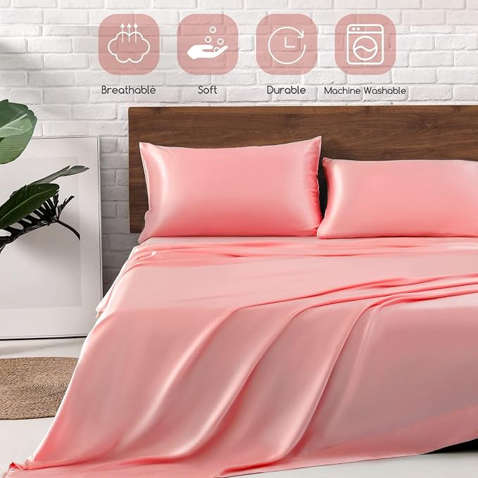 MR&HM Satin Sheets Twin Size with Elastic Corner Straps, Blush | Similar to Silk, 3-Piece Silky Soft Bed Sheet Set, Gentle on Skin and Hair, 15" Deep Pocket, Cooling & Breathable