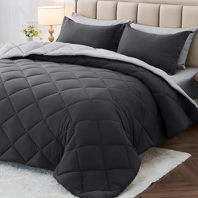 7 Pieces Oversized Queen Comforter Set, Reversible Bed in a Bag Oversized Queen Size, All Season Bedding Set, Flat Sheet, Fitted Sheet, Pillowcases & Shams, Dark Grey & Light Grey
