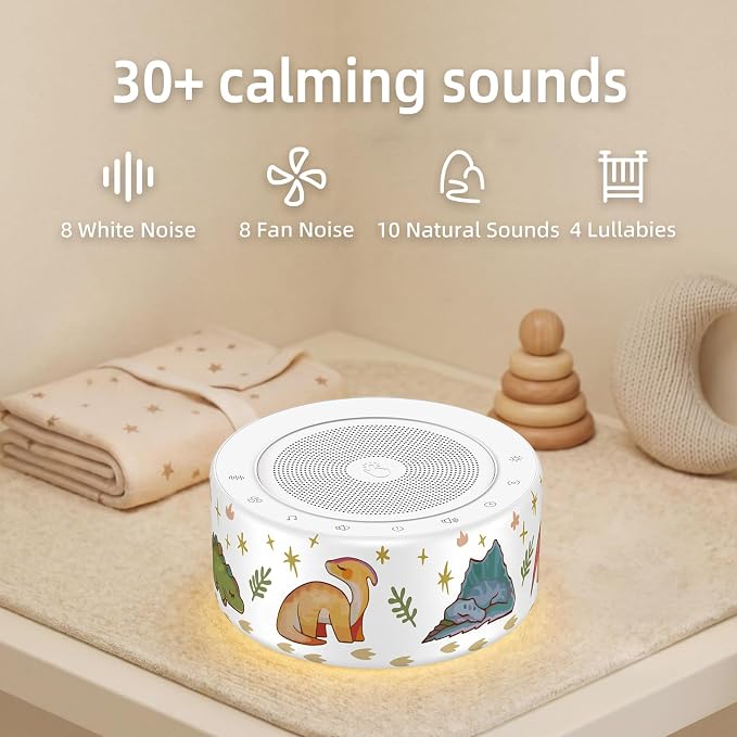 Kipcush White Noise Machine for Baby & Adults, 30 Soothing Sounds, Soft Non-Glare Nursery Lamp, 8 Color Night Lights, Memory Function (New Orange/Dinosaur, Standard)