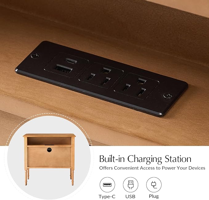 HULALA HOME Solid Wood End Table with Charging Station, Mid-Century Modern End Table with 2 Drawer, Adjustable Solid Wood Feet, Easy Assembly, Teak