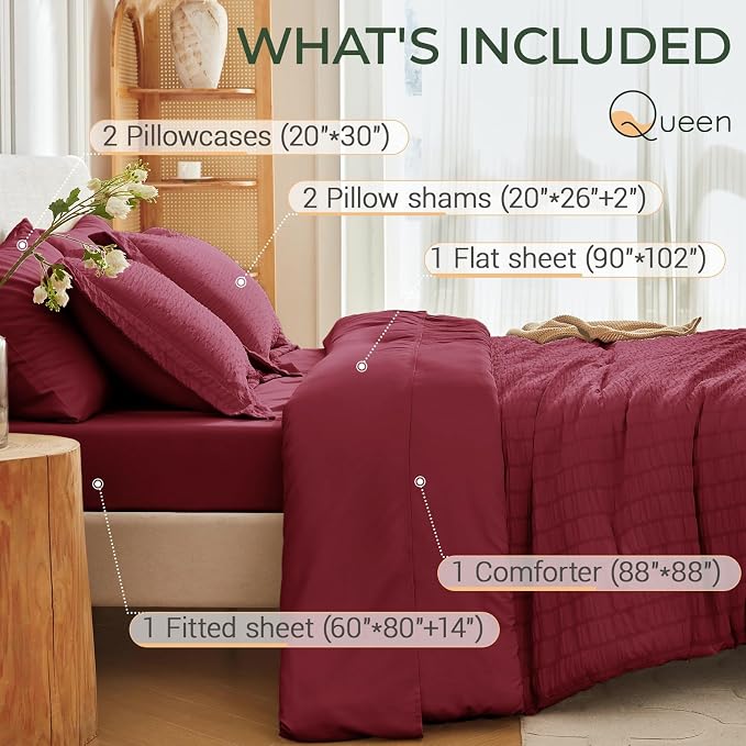 7 Pieces Queen Comforter Set, Seersucker Bed in a Bag Queen Size, All Season Luxury Bedding Set with Comforter, Flat Sheet, Fitted Sheet, Pillowcases & Shams, Burgundy