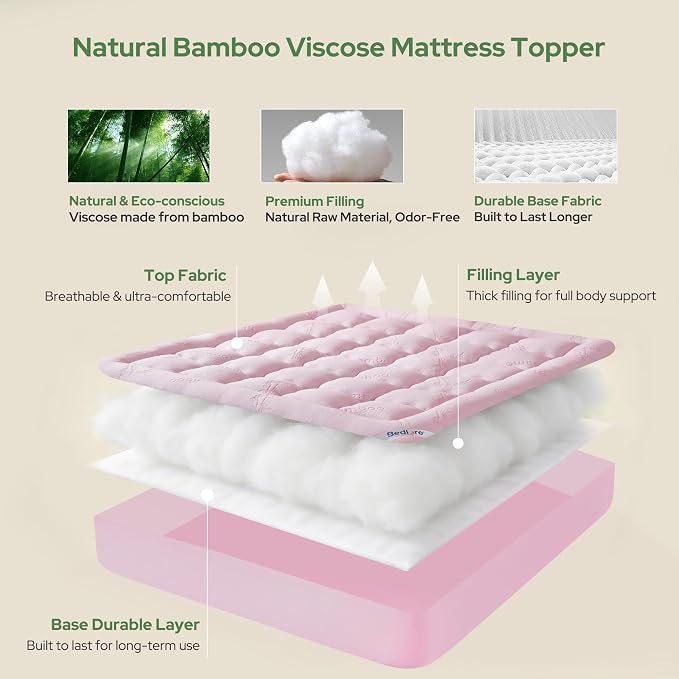 BEDLORE Twin Mattress Topper Viscose Bamboo, Thick Pillow Top Mattress Pad | Stretchable Pockets Fit 6"-15" Mattress, Soft Breathable Mattress Topper for Back Pain Relief and Hot Sleepers(Pink)