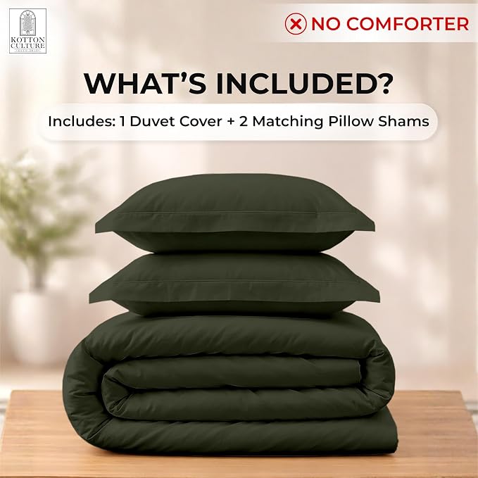 Kotton Culture 3 Pc 120" x 98" Duvet Cover Set Oversized King 100% Egyptian Cotton - 600 Thread Count Comforter Cover, Zipper Closure & Corner Ties - Fits Large King Inserts - Olive Green