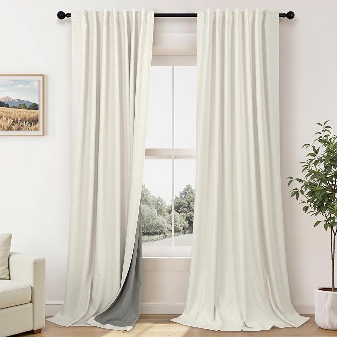 Extra Wide 60 Inch Width 100% Blackout Linen Curtains 102 Inches Long 2 Panels for Living Room Bedroom Darkening Thermal Insulated Cream Ivory Window Sliding Door Drapes Back Tab 60 x 102 Inch Length