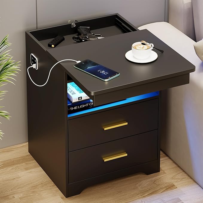FREDEES LED Nightstand with Gun Drawer & Charging Station | 3-Color Lights & Human Body Sensor, Smart USB Type-c, 2 Drawers Hidden Storage, End Table Bedroom Livingroom