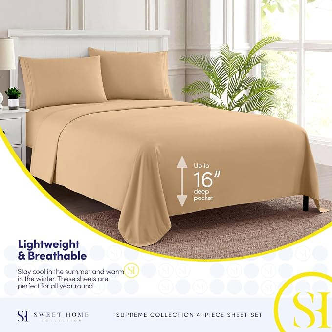 Full Size Sheet Sets - Breathable Luxury Sheets with Full Elastic & Secure Corner Straps Built In - 1800 Supreme Collection Extra Soft Deep Pocket Bedding Set, Sheet Set, Full, Camel