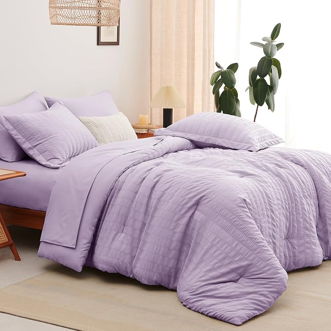 King Comforter Set, 7 Pieces Light Purple Seersucker Bed in a Bag | OEKO-TEX Certified, All Season Bedding Set with 240 GSM Down Alternative Comforter, Flat & Fitted Sheets, Pillowcases & Shams