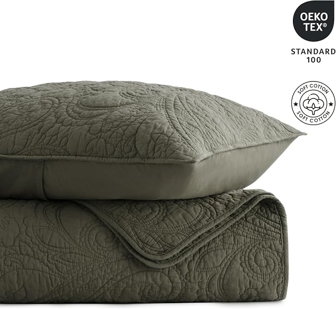 EVERGRACEHOME 100% Cotton Paisley Quilt Set, Oversized King, Olive Green | Prewashed for Softness, Year-Round Breathability, Gift-Ready Box, Matelasse-style Quilted Coverlet, 3 Piece Set with 2 Shams