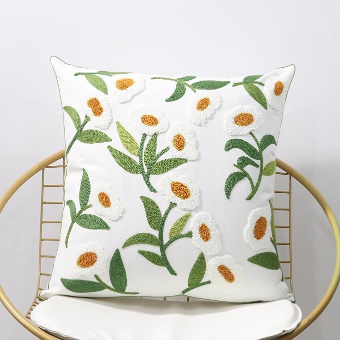 Pack of 2 Embroidered Decorative Throw Pillow Cover 18x18 Inch Farmhouse Floral Pillowcase for Living Room Sofa Bed (White Glass Flower)
