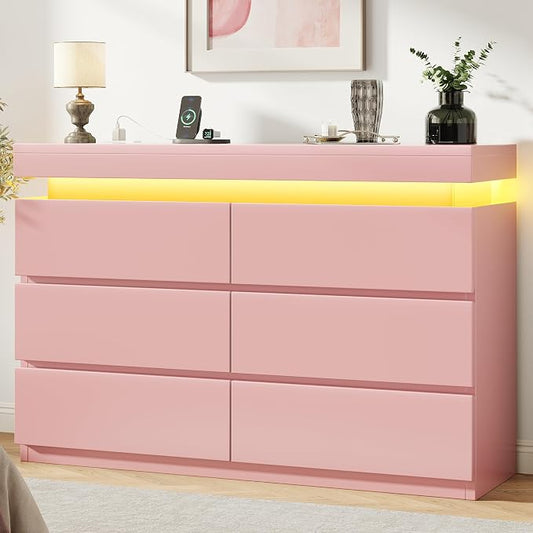 6 Drawer Dresser with LED Lights and Charging Station, Modern Pink Dresser | RGB Lights with App and Remote Control, Music Sync Mode, 6 Spacious Drawers and Durable MDF Storage for Bedrooms or Closets