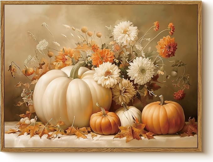 Vintage Thanksgiving Canvas Print White Orange Pumpkins Autumn Floral Leaves, Rustic Framed Fall Pumpkin Flower Still Life Wall Art 12x16", Harvest Farmhouse Kitchen Entryway Décor
