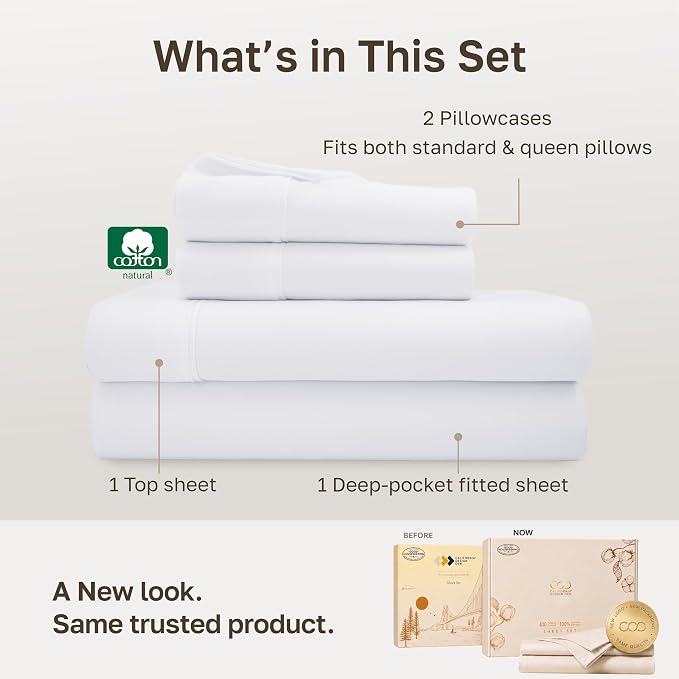 California Design Den Soft 100% Cotton Sateen Queen Bed Sheets Set, White | 400 Thread Count Backed by Good Housekeeping Seal, 16" Deep Pocket, All-Around Elastic, Durable, Easy Care