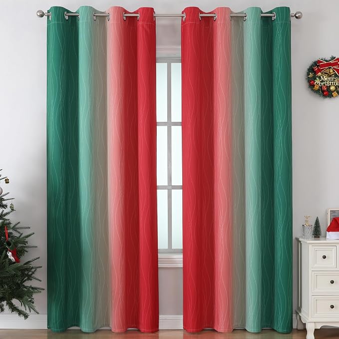 Red and Green Ombre Blackout Curtains 52Wx84L 2 Panels | Ombre Christmas Curtains for Living Room,Thermal Insulated,Room Darkening,Energy Saving,Grommet Window Drapes for Bedroom