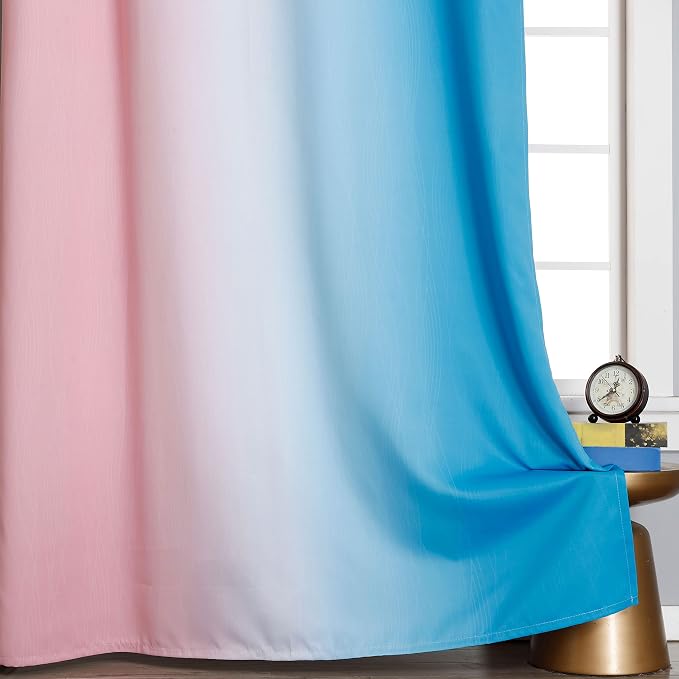 Pink and Blue Ombre Curtains for Bedroom 63 Inch Long | Room Darkening Curtains for Living Room,Wave Line Pattern,Thermal Insulated,Light Blocking Grommet Drapes,52x63 Inch,2 Panels