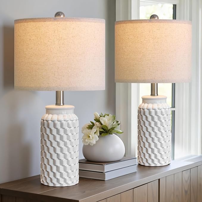 USumkky 20.5" White Modern Ceramic Bedside Lamps Set of 2, Small Table Lamp for Bedroom Decor Farmhouse Nightstand Lamp for Living Room Office