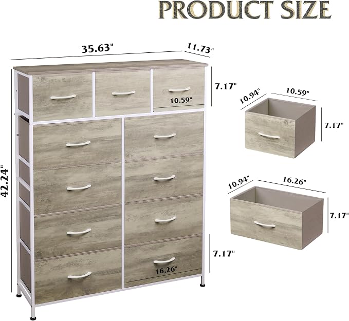 WLIVE Tall Dresser for Bedroom, 11 Drawer Chest of Drawers, Greige | 11 fabric storage drawers, Tall high-capacity design, Bedroom or dorm use, Sturdy steel frame, Smooth wood tabletop