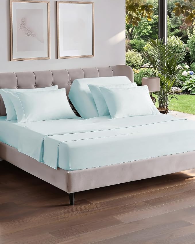 Flex Top Split Head King 6 Piece Sheet Set - Soft & Cooling - Ice Blue | Ultra Soft Hotel Luxury Bedding Set w/ 8-16 Inch Deep Pockets, 1 Flat & 1 Split-Head Fitted Sheet & 4 Pillowcases, Fade Free