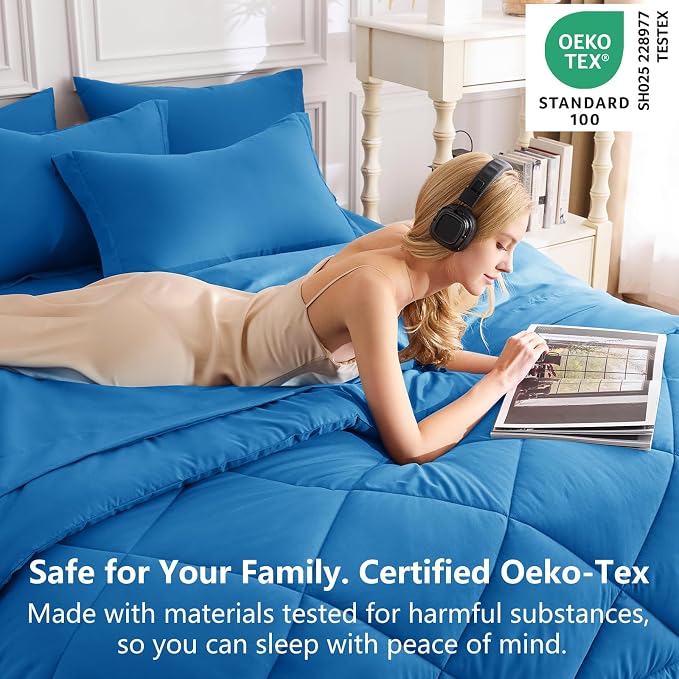 King Size Comforter Set Royal Blue - 7 Pieces Complete Bedding Set | OEKO-TEX Certified, All Season, 240GSM Down-Alternative Comforter, Sheets, Pillowcases & Shams, 14" Deep Pocket, Easy Care