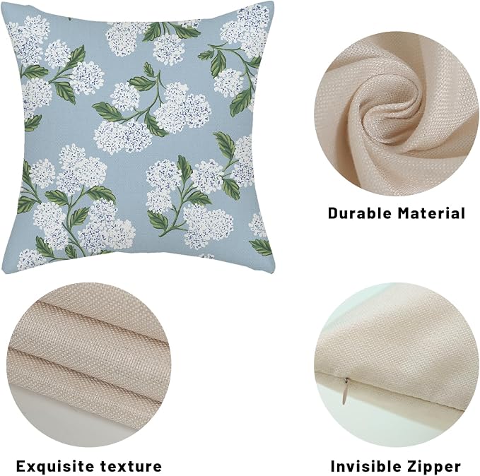 Light Blue Pillow Covers 20x20 Inch 2 Pcs Blue Green Hydrangea Flower Decor Throw Pillows Vintage Floral Seasonal Spring Summer Outdoor Decoration Pillowcase Linen Cushion Cover for Couch Sofa