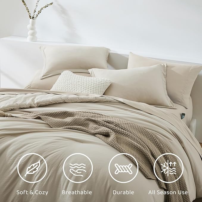 Oversized Queen Comforter Set -7 Pieces Soft Bed in a Bag Queen Bedding Set | Prewashed All Season Comforter with Sheets, Pillow Shams & Pillowcases,Light Oatmeal