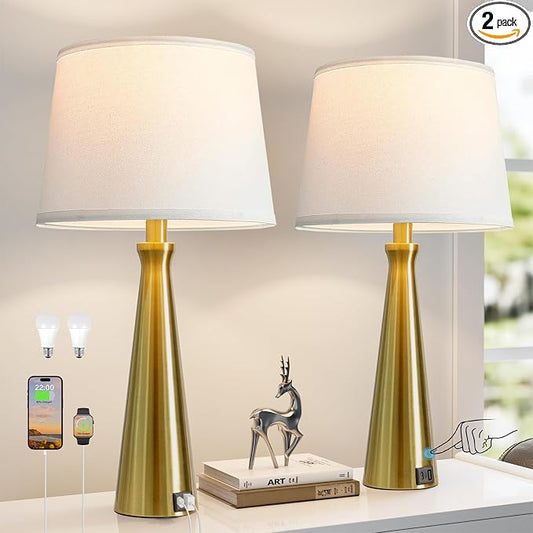 Modern Touch Lamps for Nightstand, 3 Way Dimmable Bedroom Lamp Set of 2 | USB C+A Charging Ports, Gold Bedside Lamps for Bedroom, Living Room, End Table, Bed Side, LED Bulb Included
