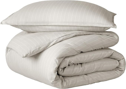 Bare Home Duvet Cover Set (Twin/Twin XL, Pinstripe - Stone/White) | 1800 Ultra-Soft, Lightweight, Cooling, Breathable, Premium, All-Season