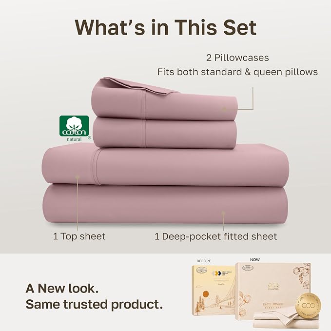 California Design Den 100% Cotton Sateen Queen Sheet Set Deep Pocket, Mauve | 400 Thread Count Backed by Good Housekeeping Seal, 16" Deep Pocket, All-Around Elastic, Durable, Easy Care