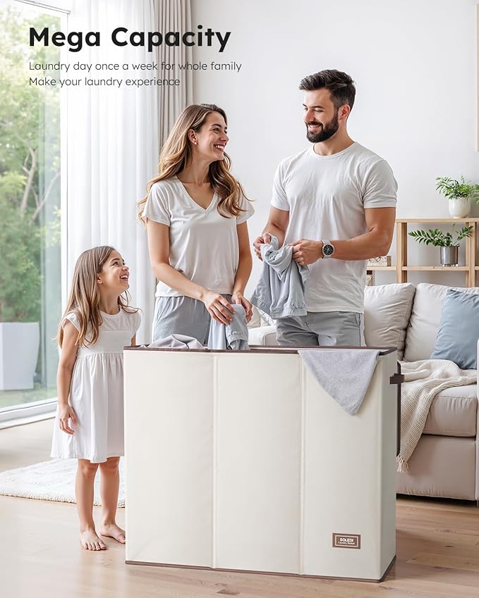 SOLEDI Large Laundry hamper 3 Section with Laundry Bag, XL Clothes Basket | 3-Section Large capacity Laundry Sorter with Odor-Blocking Lid, Robust Iron Frame & Waterproof 600D Fabric, 3 Washable Bags