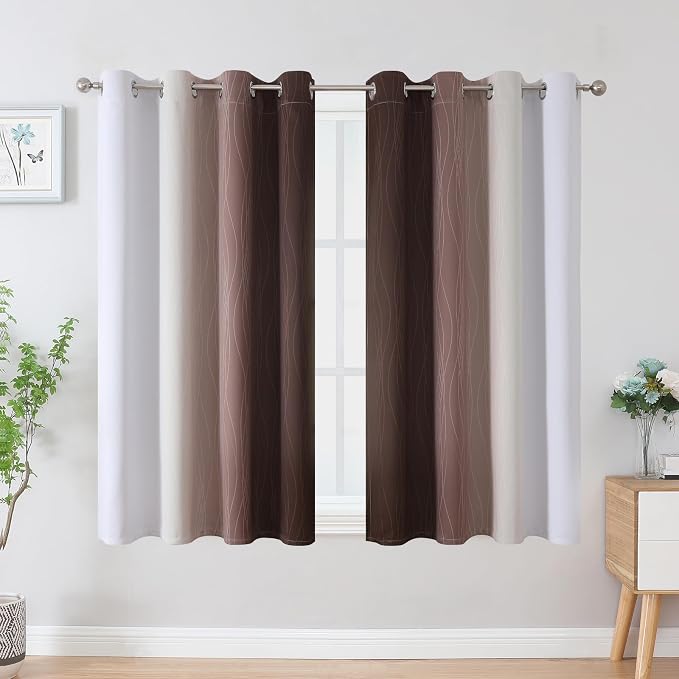Brown and Greyish White Blackout Curtains 52Wx45L 2 Panels | Ombre Curtains for Bedroom,Thermal Insulated,Full Room Darkening,Light Blocking,Gradient Grommet Window Drapes for Bathroom