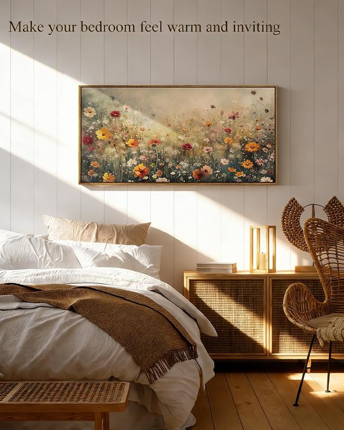 InSimSea Extra Large Framed Vintage Wall Art, Flower Wildflower, 20x40inch | Living Room Country Farmhouse Decor, Spring Landscape Canvas Prints, Retro Long Pictures for Bedroom Above of Bed