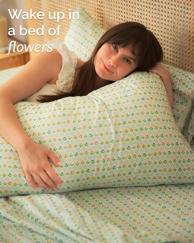 Full 4 Piece Floral Sheet Set - Soft, Breathable & Cooling - Tile Garden | 1 Flat, 1 Fitted & 2 Pillowcases w/ Deep Pockets, Boho Botanical Floral Bedding, Breathable & Cooling, Wrinkle & Fade Free