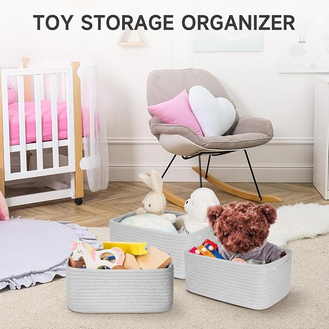 3 Pack Small Storage Baskets for Organizing, 11.8×7.8×5.1", Grey | Woven Baskets for shelves, Cotton Rope Basket for Gifts Empty, Closet Organizer Bins with Handles, Cube Decorative Box