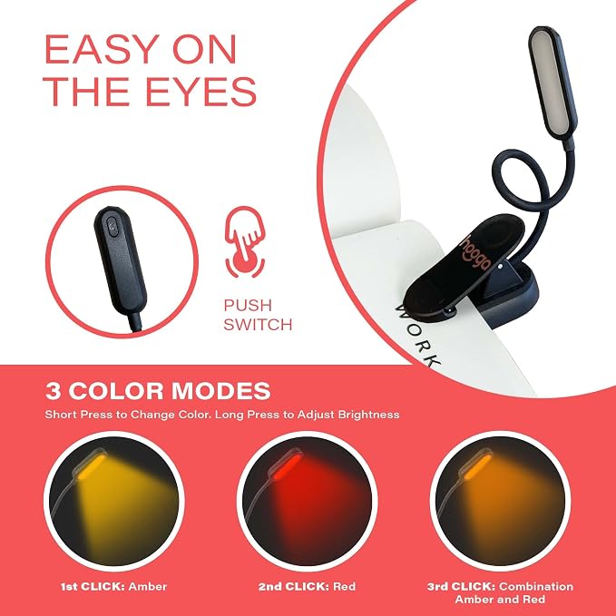 hooga Amber Book Light – Blue Light Blocking Reading Light for Bed, Stepless Dimming, Rechargeable Clip-On Night Light, 1600K Amber & 625nm Red LED for Night Reading