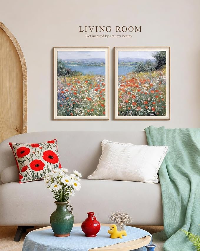 VIYYIEA Framed Coastal Wildflower Large Wall Art Set of 2, Impressionist Poppies Landscape Canvas Painting, Vintage Nature Scenic Wall Decor for Living Room Bedroom Office, 16x20 Inch