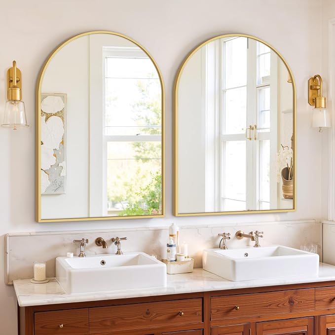 Bathroom Mirror for Wall, 30x20 Inch Arched Mirror, Matte Gold Metal Framed Bathroom Vanity Mirrors for Restroom Farmhouse, Anti-Rust, Tempered Glass, Hanging or Leaning