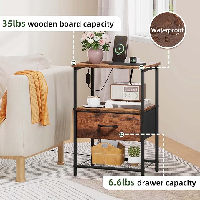 Somdot Nightstand with Charging Station & LED Light, Bedroom Bedside Table | Dorm, Guest Room, Kids Room, Laundry, Closet, Entryway and Hallway, Brown