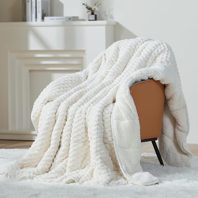 Mr. Sandman Weighted Blankets for Adults, Queen Size 80 x 87 Inches, 15lbs | Machine Washable; Soft Warm Sherpa Fleece; Jacquard Flannel with Glass Beads; Heavy Throw for Sleep and Calm; Cream White
