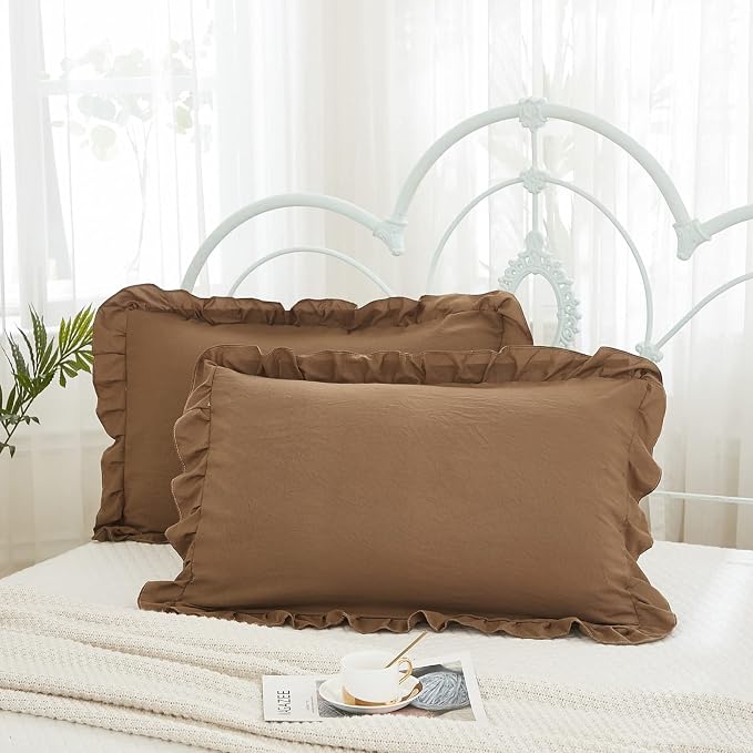 Merryword Brown Pillowcases - King Size Ruffled Shams Set of 2 - Solid Fringe Design - Coffee Brown Shabby Chic - 2 Pack (King (20''x36''))