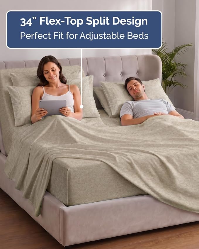 Extra Deep Flex Top Split Head King Sheet Set - 6 Piece Breathable and Cooling Sheets - Hotel Luxury Bedding for Women, Men, Kids & Teens - Easy Secure Fit - Extra Deep Pockets - Heathered Beige