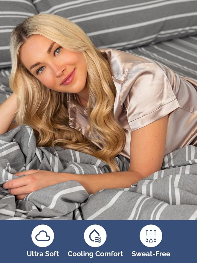 Extra Deep Split King Sheet Set - 7 Piece Cooling Bed Sheets - Grey Stripes | Hotel Luxury Bed Sheets Set, Easy & Secure Fit, Ultra-Soft, Wrinkle & Fade Free, Comfy Sheets Set with Extra Deep Pockets
