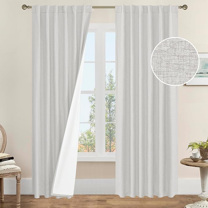 84 Inch 100% Blackout Linen Curtains 2 Panels with White Liner | Light Grey, Living Room, Farmhouse, Bedroom Curtains, Thermal Insulated, Privacy, Rod Pocket Back Tab Panels, 52 x 84 Inch