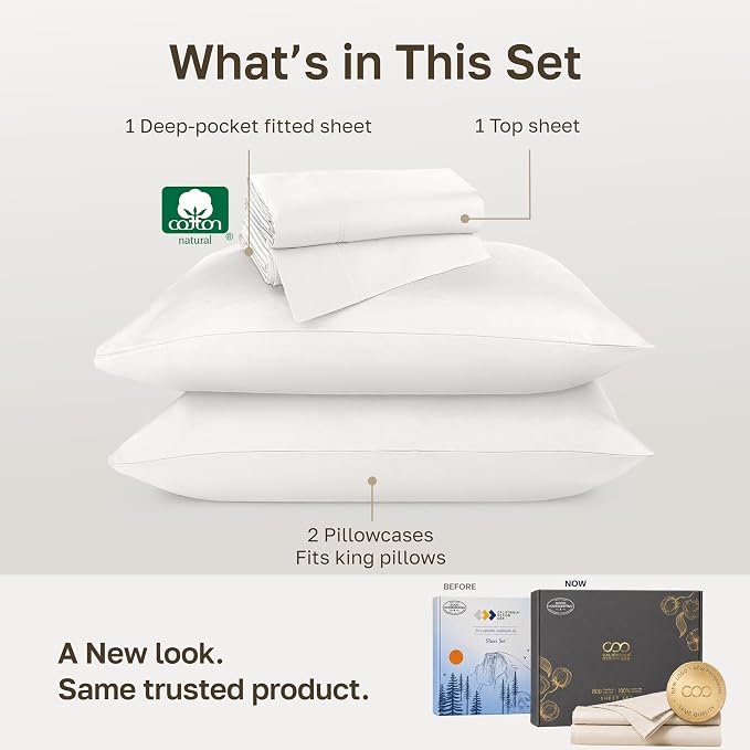 California Design Den Luxury 800 Thread Count King Bed Sheets, True Ivory | 100% Cotton Sateen Backed by Good Housekeeping Seal - Soft & Thick, 16" Deep Pocket, All-Around Elastic, 4 Pc Set, Easy Care