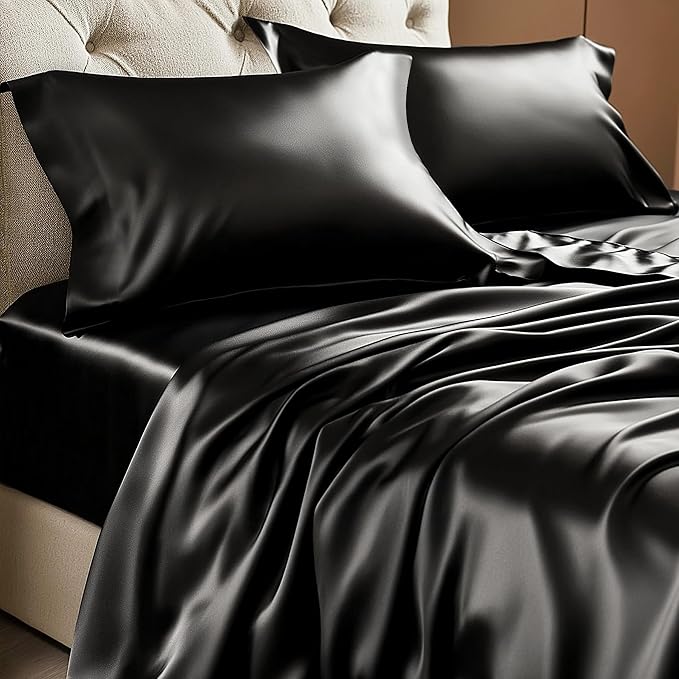 BEDELITE Satin Sheets Full XL Size Bed Set, Black, 4 Pieces | Luxury Silky Bed Sheets, 15 Inch Deep Pocket, Similar to Silk, Soft and Cooling, Reduces Friction, Gentle on Hair and Skin