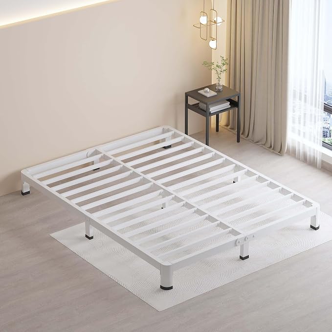 MAF 4 Inch Queen Metal Platform Bed Frame White with Round Corner Legs | Mattress Slide Stopper, 3000 LBS Heavy Duty Steel Slats Support, Noise Free, No Box Spring Needed, Easy Assembly, Anti-Slip